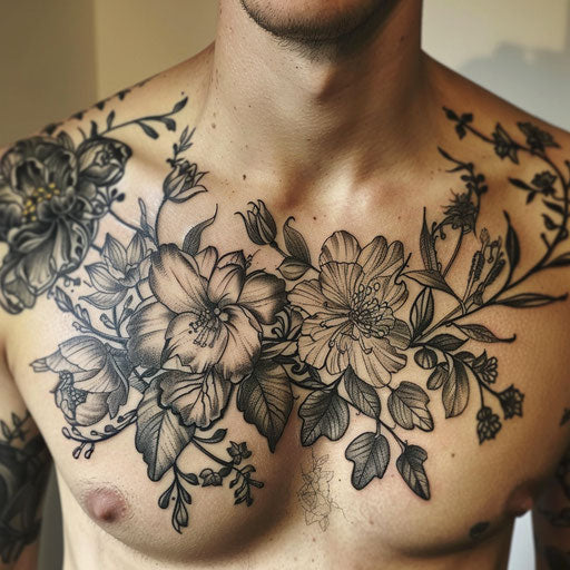 Detailed botanical chest tattoo for men