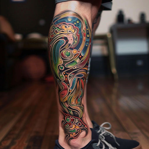 Abstract and colorful leg sleeve tattoo symbolizing freedom and movement