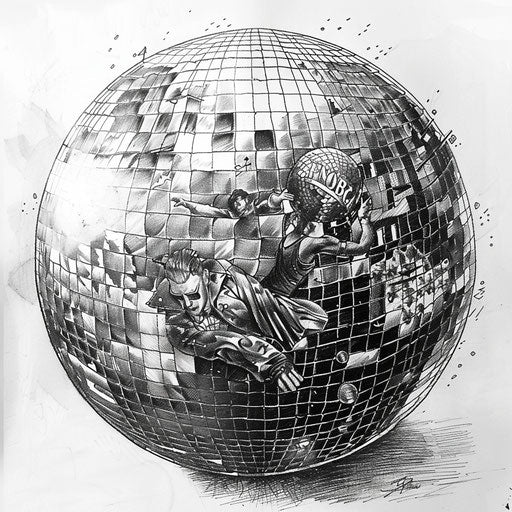Vintage disco ball tattoo sketch with retro club scenes