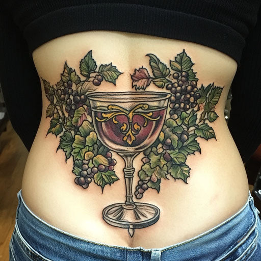 tattoos and booze with a vintage wine glass surrounded by vines on the lower back in the style of Maria Sibylla Merian