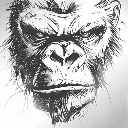 Sketch of a fierce gorilla face, intense eyes, tribal tattoo style on pure white background