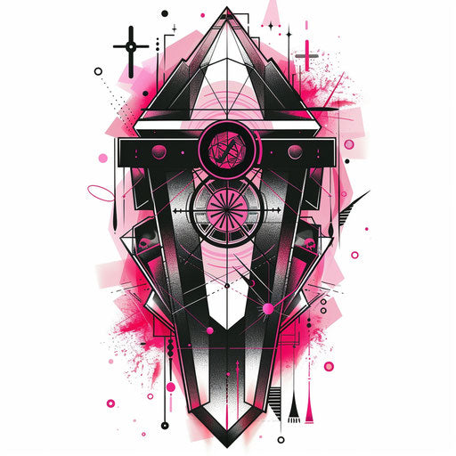 Modern sketch of coffin with geometric patterns and neon pink accents