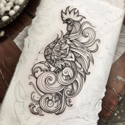 Art Nouveau rooster tattoo, elegant curves, natural motifs