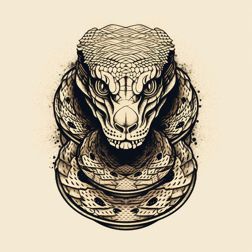 Tribal tattoo snake on beige background, nightmarish style, hatching