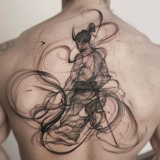 Dynamic blackwork tattoo of Hades surrounded by swirling smoke