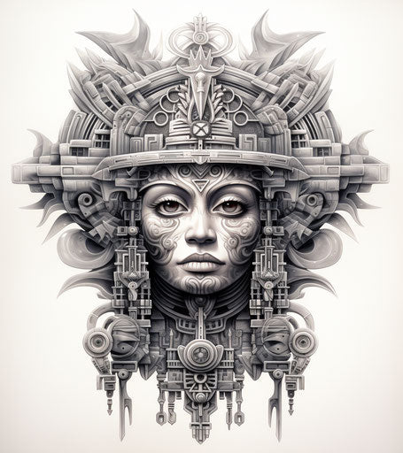 Aztec symbols tattoo with a person, detailed cross-hatching