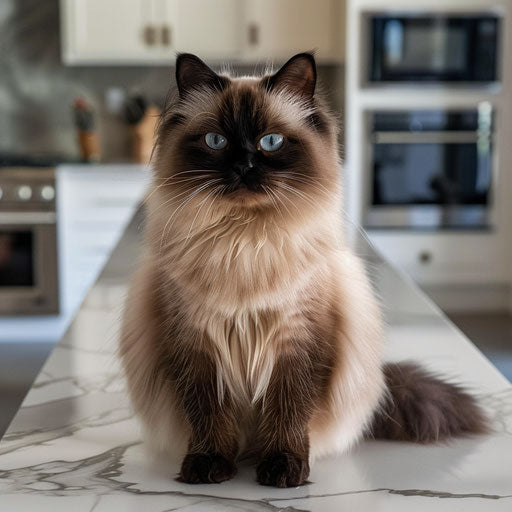 Himalayan cat sitting elegantly on a marble countertop