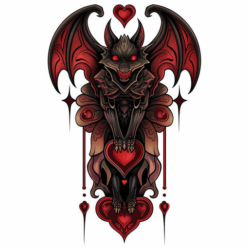 Romantic flat tattoo sketch of a gargoyle with heart motifs and rich red colors