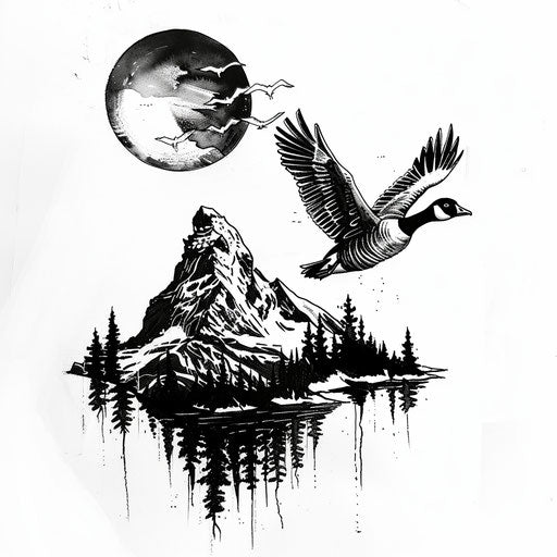 Flying goose over mountain landscape nature-inspired flat tattoo
