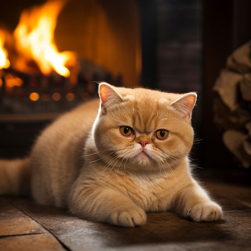 Exotic shorthair cat by a fireplace
