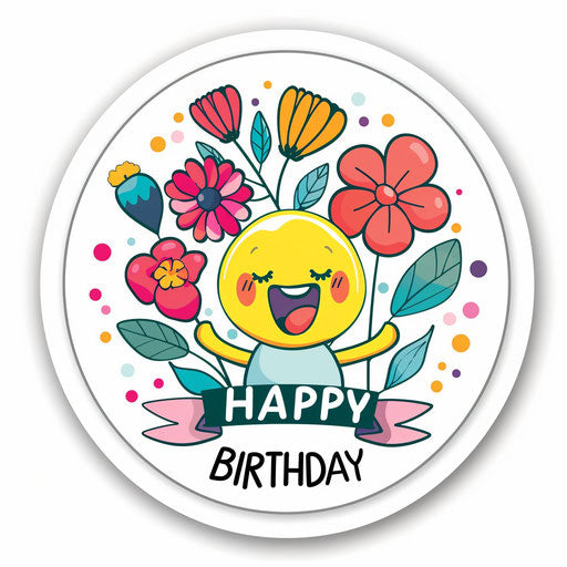 Happy birthday with smiling emoji and flowers
