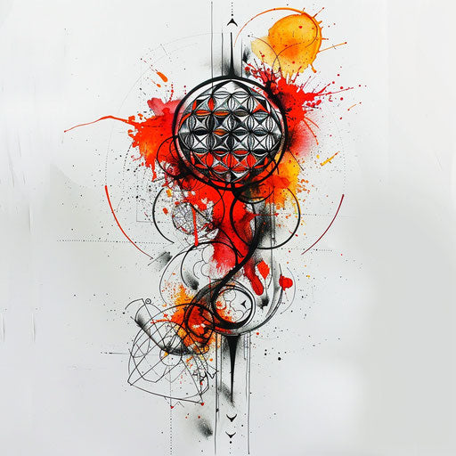 Dynamic tattoo sketch of the Flower of Life, with a splash of bright red and orange