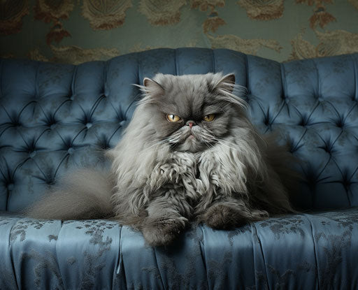 Fluffy black Persian cat on a grey couch