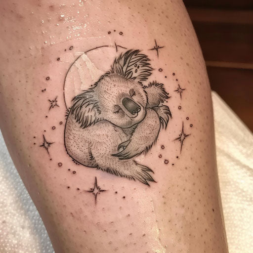Gentle flat tattoo sketch of a koala sleeping under a calm starry night