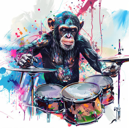 Monkey playing drums, vibrant musical tattoo theme