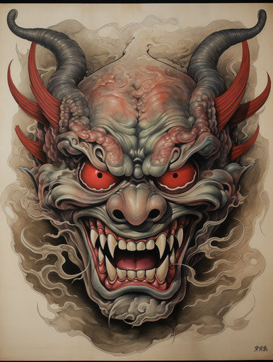 Demon face in traditional Japanese art on album