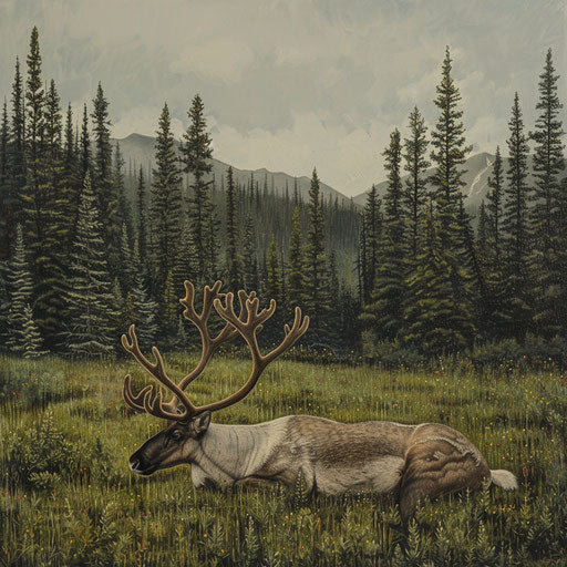 Peaceful caribou resting near a pine forest
