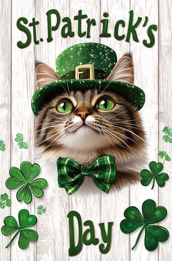 Cute cat with green hat and bow tie, surrounded by clovers