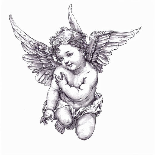 Cherubic angel tattoo design in fine line style