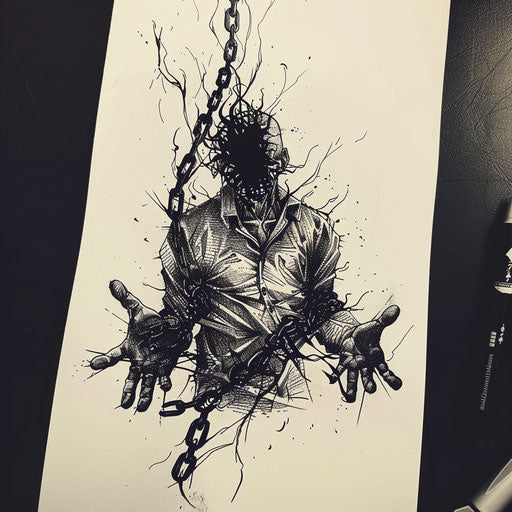 Dynamic flat tattoo sketch of a soul breaking free from earthly chains
