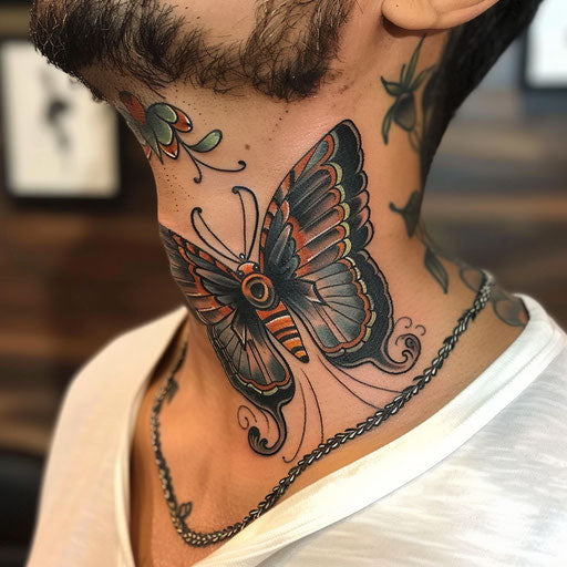 Butterfly neck tattoo in comic book style