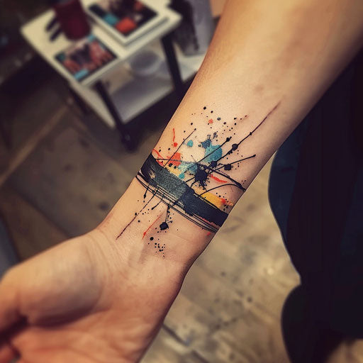 Artistic flat tattoo sketch of a wrist band with brush strokes and paint splatters