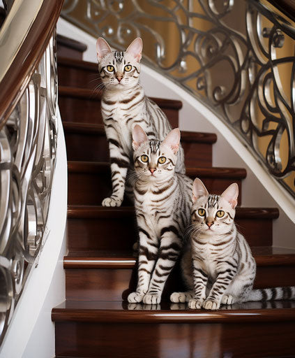 Bengal cats on stairs, silver and maroon style