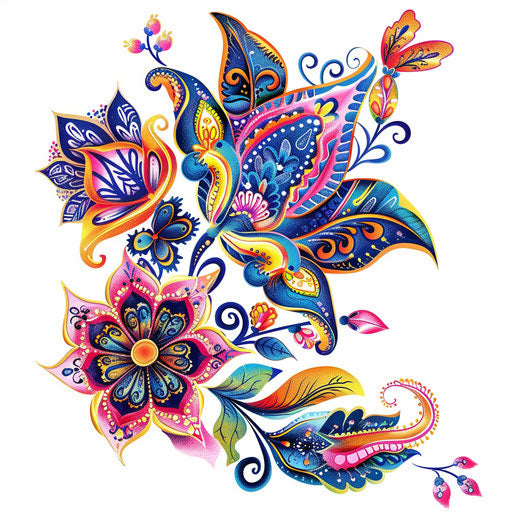 Stylized tattoo sketch of summer henna motifs with pop art influences and vibrant patterns