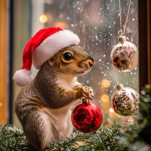 A cheeky squirrel in Santa hat hides stolen ornaments