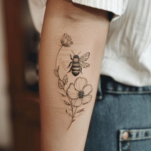 Minimalist tattoo sketch of a tiny realistic bee on a delicate flower