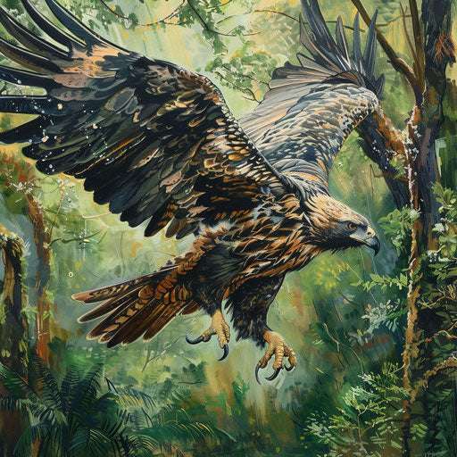 Eagle in powerful dive, eyes locked onto prey in green forest