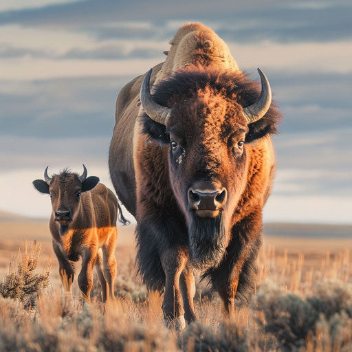 A young bison following its mother across the plains