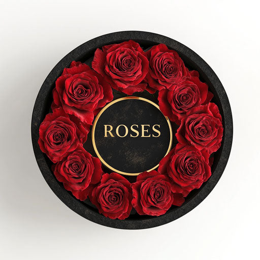 30 red roses in a round black box with a gold foil logo "ROSES"