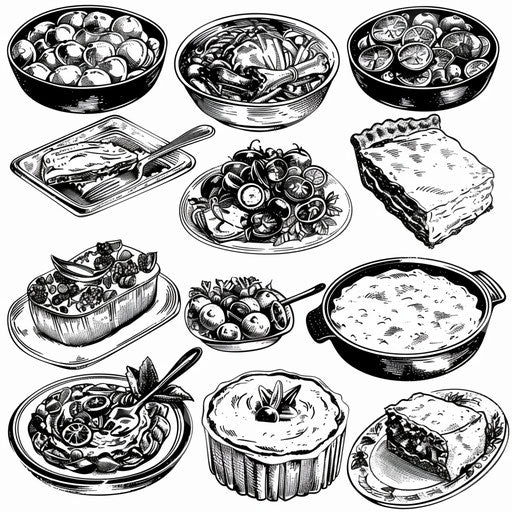 Favorite potluck dishes, black and white clipart illustrations