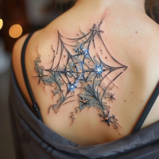 Fantasy spider web with glowing runes and mystical creatures