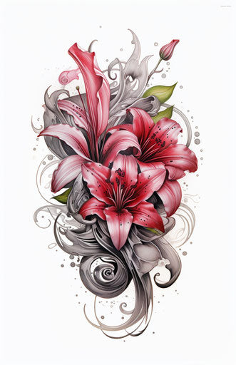 Rose and lily tattoo on white background, dark silver and light red style
