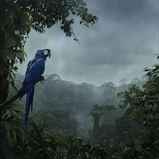 Impending storm in the rainforest, lone blue macaw facing the rain