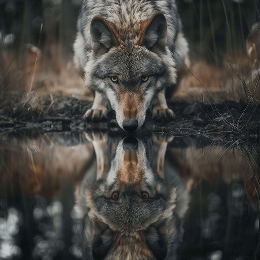 Wolf and its reflection in a serene pond