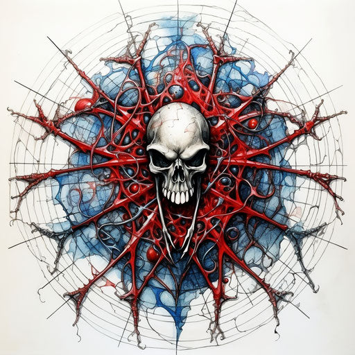 Tattoo design the web of death, light maroon and dark azure, insects
