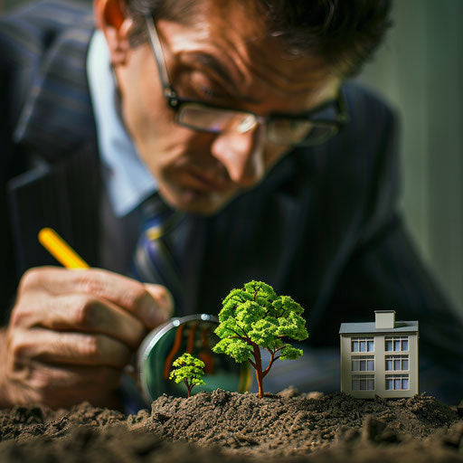 Finance art depicting a real estate investor surveying new property