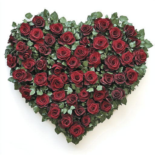Heart-shaped red roses on white background