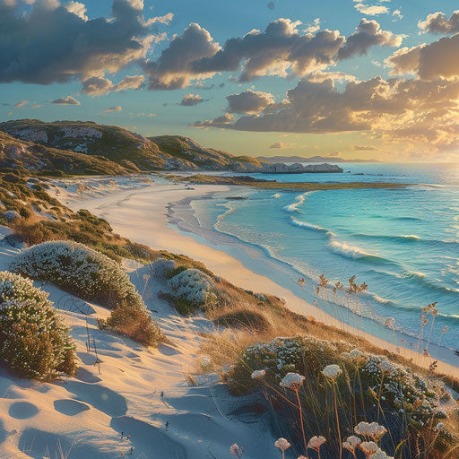 Panoramic view of a sandy beach with serene waters and white sandy beaches