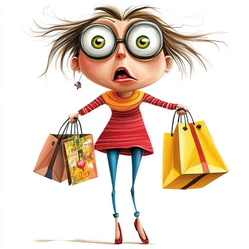 Humorous caricature of a shopping clipart with human characteristics, exaggerated googly eyes, thin legs, smooth surfaces, vibrant colors, cartoon style, surprised, high-resolution, no background, isolated