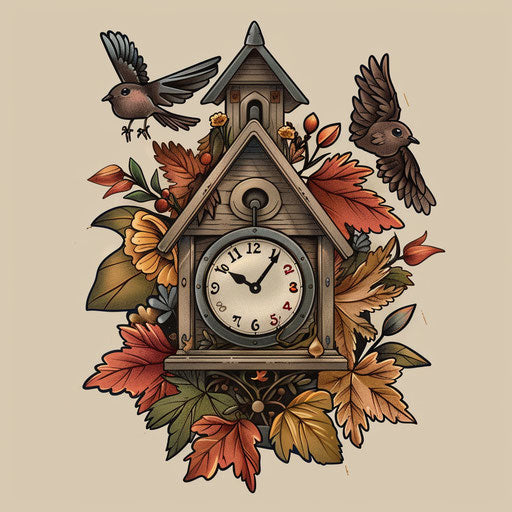 Elegant flat tattoo sketch of a cuckoo clock surrounded by delicate woodland creatures in earthy colors