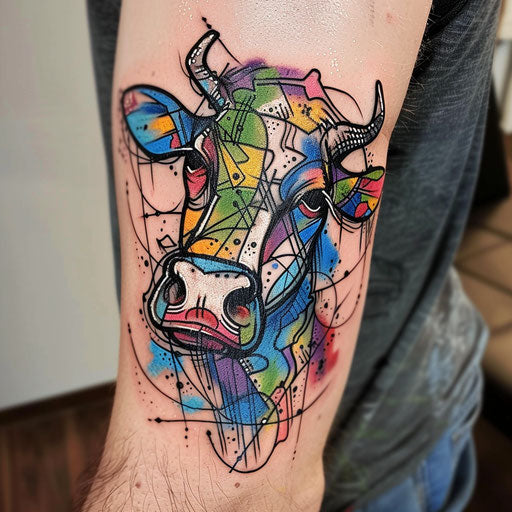 Modern graffiti-style cow tattoo on white background