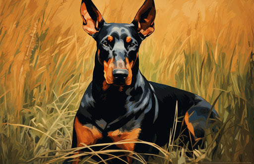 The doberman is sitting in the grass, light orange and dark black style, masculine 17:11
