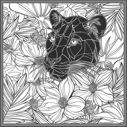 Black panther surrounded by tropical flowers and foliage