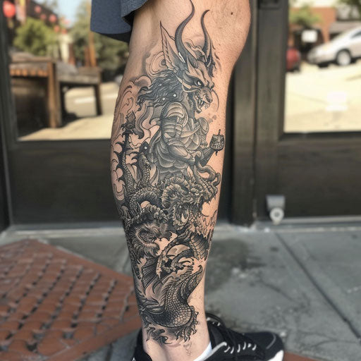 Mythological creatures leg tattoo in the style of David Palumbo
