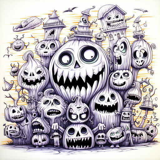 Halloween coloring page with cartoon characters in mad expressionistic style