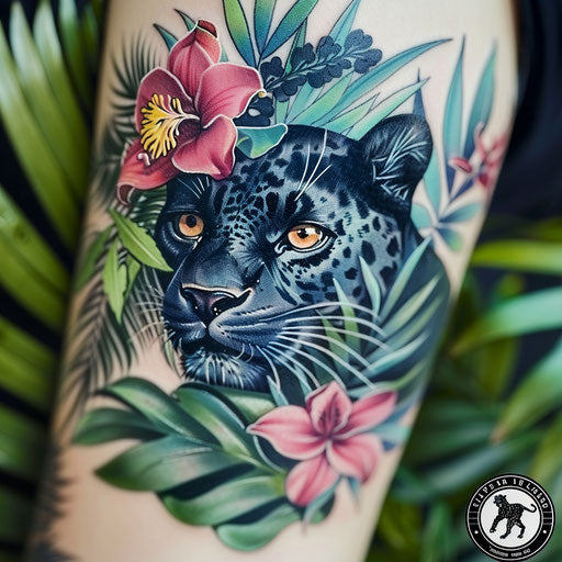 Illustrative black panther tattoo with vibrant jungle flora on white background